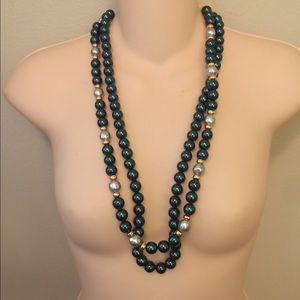 Dark teal blue & white faux pearl elegant necklace